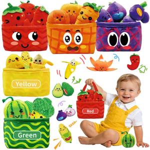 Play Food for Toddlers 1-3, Plush My First Fruit Vegetables Basket Color Sorting Rattle, Squeaker & Crinkle Play Food Set for Kitchen Baby Sensory Toys Easter Basket Stuffers Birthday Gifts 20PCS