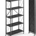 5 Tier Storage Shelf with Wheels - Metal Collapsible Shelving Unit Display, Heavy Duty Folding Shelves, No Assembly Organizer Rack for Garage Kitchen, Basement, Pantry (Black, 5 Tier)