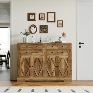 Farmhouse 55'' Large Sideboard Buffet Cabinet with Storage, 4 Drawers and 4 Doors, Kitchen Storage Cabinet with Adjustable Shelf, Wood Coffee Bar for Living Room, Hallway,Dining Room Furniture Brown