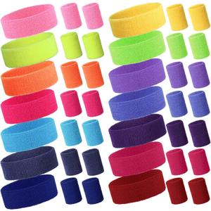 42 Pcs Neon Headbands Sweatband Set Include 14 Sports Headbands and 28 Sweat Wristbands Bulk for Tennis Basketball Outdoor Athletic Men Women (Multi Colors)
