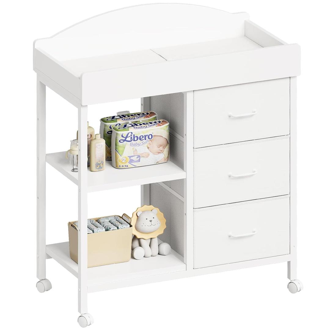 Changing Table Dresser, Baby Dresser with 3 Fabric Drawers and 2 Shelves, Multi-Functional Baby Changing Table with Pad, Classic Nursery Dresser, Diaper Changing Station for Nursery, White (BS)
