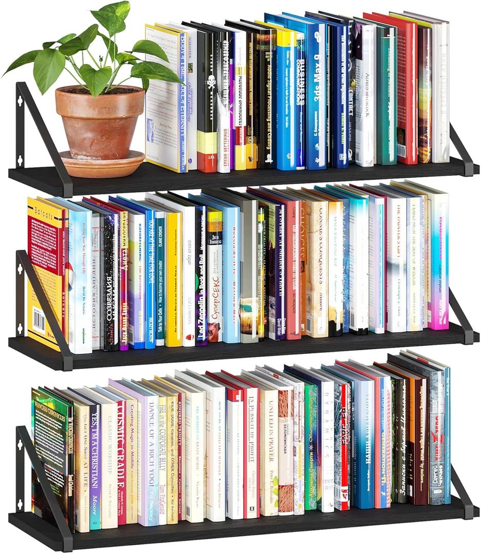 BAMEOS 24X8 Floating Shelves Rustic Wood Wall Shelf Set of 3,Bookshelf for Living Room, Office, and Bedroom, with Metal Bracket