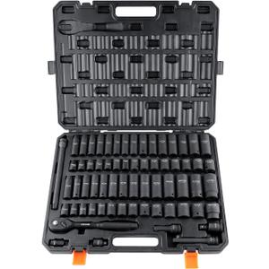 VEVOR 1/2" Drive Impact Socket Set, 65 Piece SAE 3/8" to 1-1/4" and Metric 10-24mm, 6 Point Cr-V Alloy Steel for Auto Repair, Easy-to-Read Size Markings, Rugged Construction, Storage Case (1/2" Deep&Shallow)