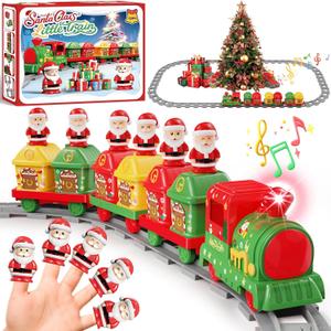 Christmas Train Set for Toddlers 2-4: Electric Toy Train with Light & Music, Toddler Toys for 1 2 3 Year Old Boy Girl, 6 Santa Finger Puppets, Track for Around Tree, Stacking Barns