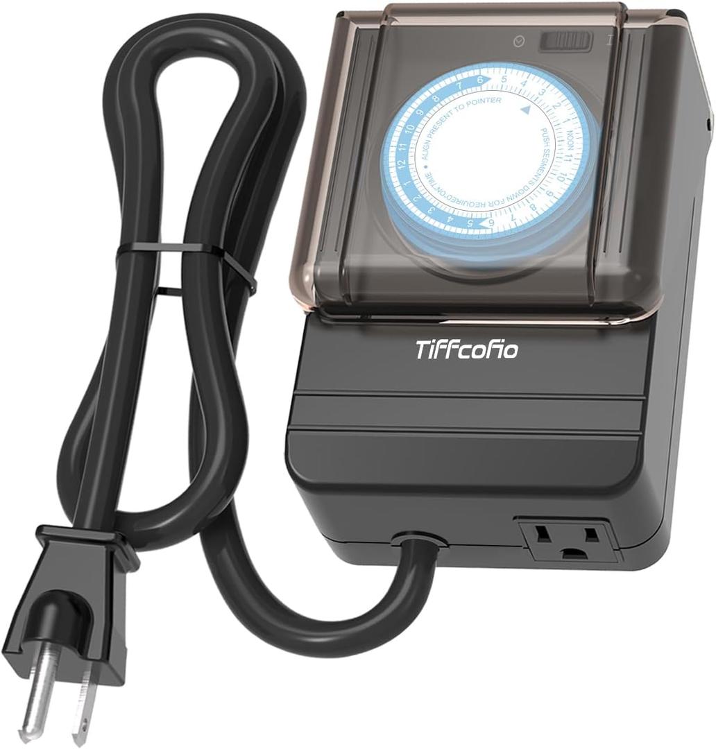 TiFFCOFiO Outdoor Timer Outlet Waterproof, 24 Hour Mechanical Light Timer Outdoor, 2 Grounded Outlets for Home and Garden, 15A 1/2HP, Heavy Duty, ETL Listed (15 Min Interval)
