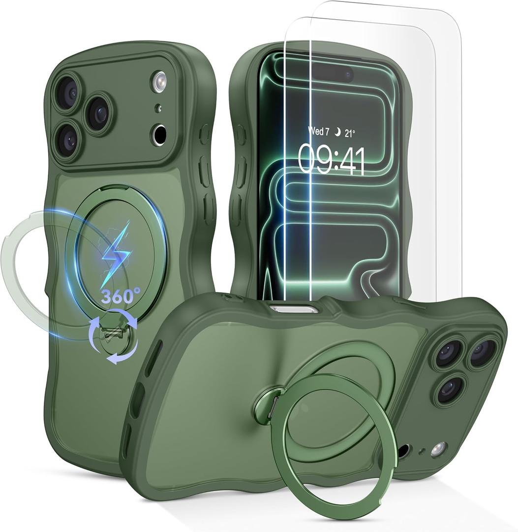 for iPhone 17 Pro Max Case for Women,[Compatible with Magsafe][360 Spin Magnetic Stand][Cute Wave Edge][with 2X Screen Protector] Translucent Matte Phone Case for iPhone 17 Pro Max,Green