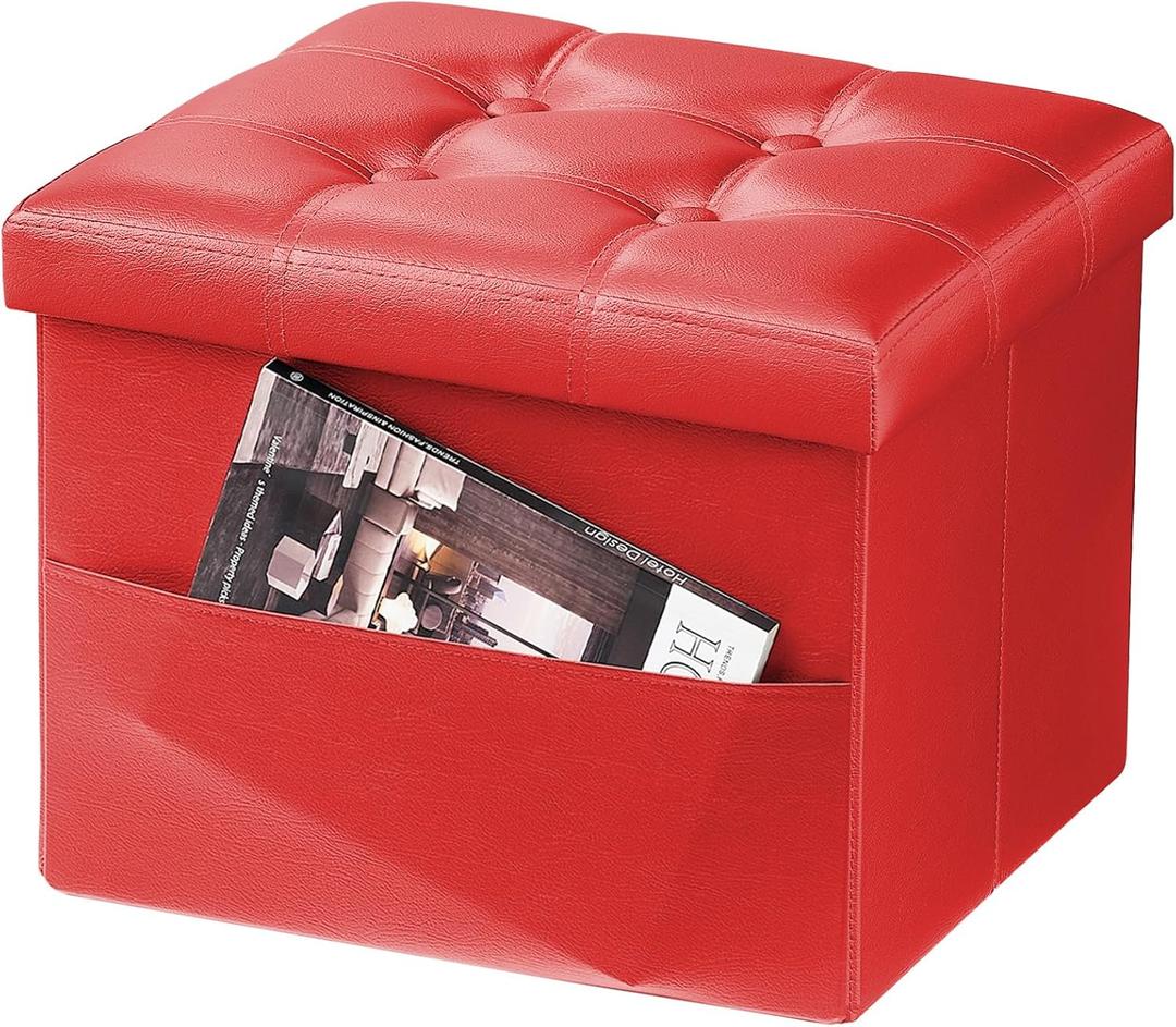 AmasSmile Red Storage Ottoman Folding Foot Rest Stool with Side Pocket, 16 inch Leather Footstool Bench, Short Ottoman Bench, Storage Foot Rest Store, Books