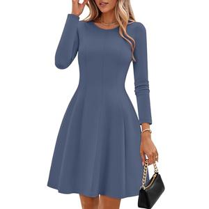 ZESICA Womens Long Sleeve Mini Dress 2026 Fall Crewneck Pleated Babydoll A Line Flowy Wedding Party Short Dresses,Dusty Blue,Large