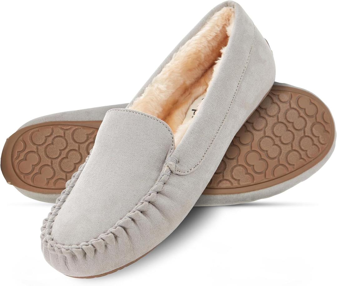 Floopi Women Slippers Moccasins, Soft Faux Fur Lining with Cozy Memory Foam, Ladies House Slippers for Women with Indoor & Outdoor Anti-Skid Sole (Gray)