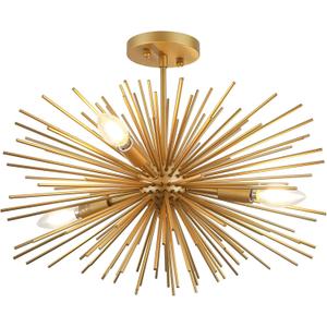 Modern Sputnik Chandelier Ceiling Light Fixture,4-Light Gold Semi Flush Mount Ceiling Light,20in Solid Metal Starburst Satellite Urchin Chandelier for Entry Dining Room Bedroom Kitchen Foyer