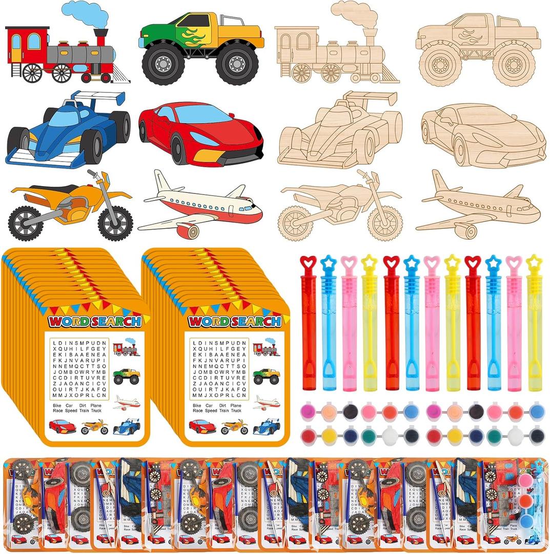24 Sets Race Car Party Favors Monster Truck Transportation Airplane DIY Wood Painting Craft Kit with Bubble Wand & Word Search Cards for Birthday Party Activity Goodie Bag Gift Prize