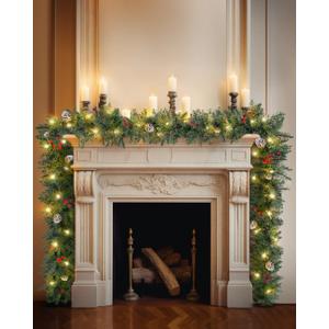 Pre-lit Christmas Garland, 9FT Holiday Artificial Decor with Red Berries & Pine Cone for Stairs Wall Door, Indoor Outdoor Garland with Battery Operated Timer