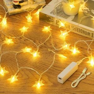 Lamuku Rechargeable Star String Lights, 17FT 50 LED Star Fairy Lights Battery Operated with 8 Modes & Timer, Twinkle Christmas Lights for Bedroom Tent Porch Wedding Party Xmas Decorations, Warm White