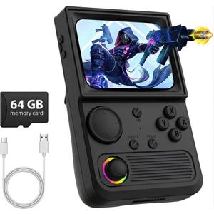 R36T Retro Gaming Console, 3.5''IPS Screen CRT-Inspired, Handheld Game Console 64GB with 18000+ Classic Games Supports WiFi Networked Fighting and OTG, 3500mAh Battery, with Portable Case(Black 64GB)