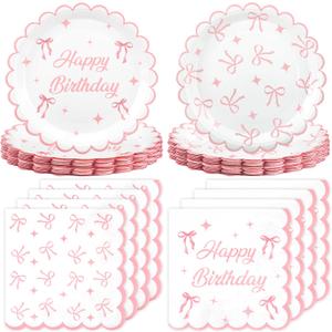 100PCS Pink Bow Party Plates and Napkins Pink Bow Birthday Tableware Set Coquette Birthday Party Supplies Serve 50 Guests for Women Birthdays Girl Bachelorette Coquette Tableware Supplies