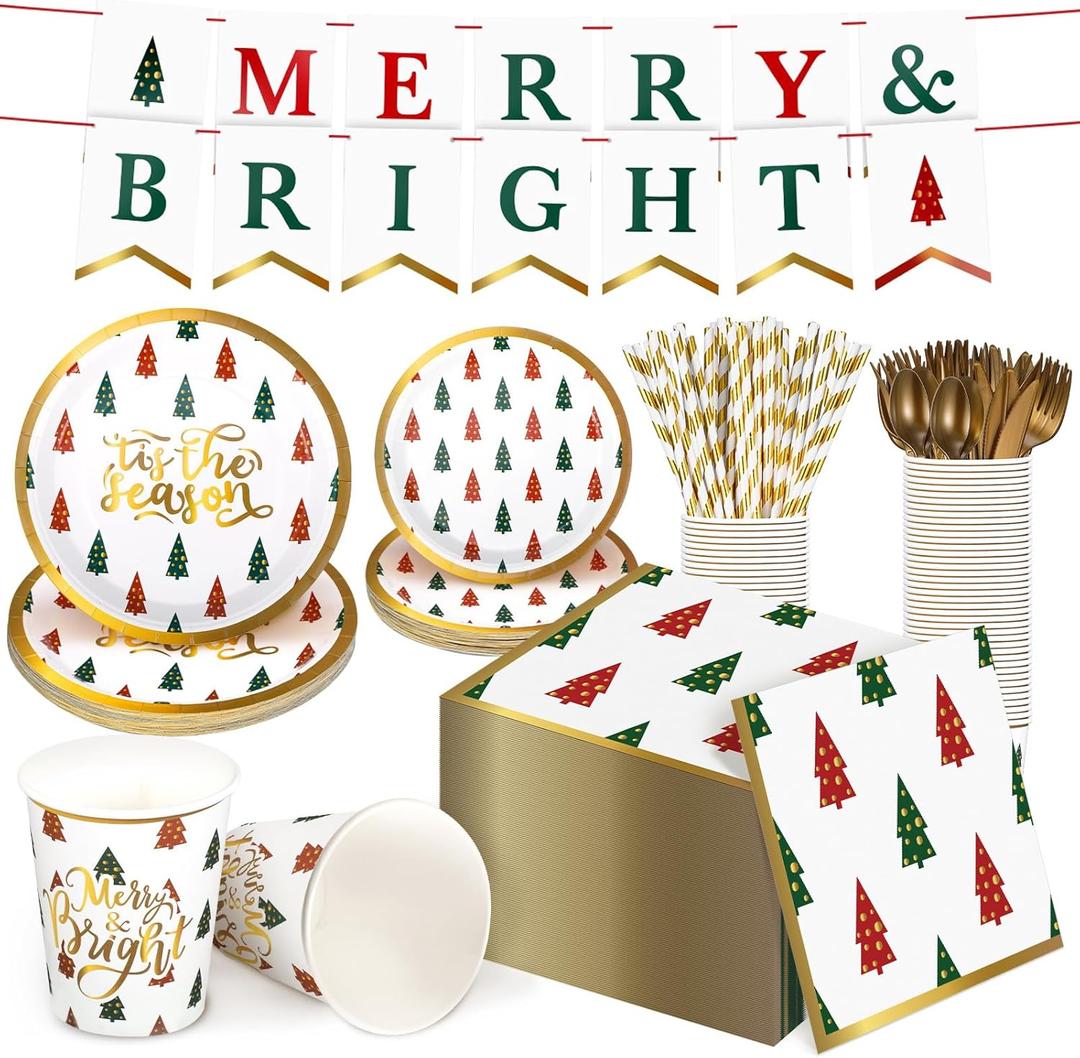 Suclain 202 Pcs Christmas Party Supplies Merry Bright Banner Xmas Tree Print Paper Plates Napkins Cups Straws Knives Forks Disposable Christmas Dinnerware Set Serves 25 Guests Xmas Holiday Decorations