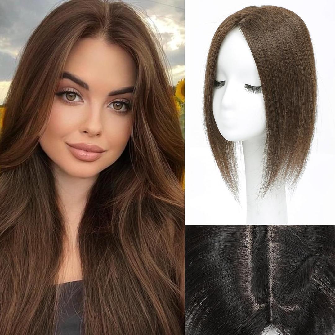 Hair Toppers for Women Real Human Hair, 14 Inch 360 3D Upgrade Middle Part Toppers for Women with Thinning Hair (Medium Brown)