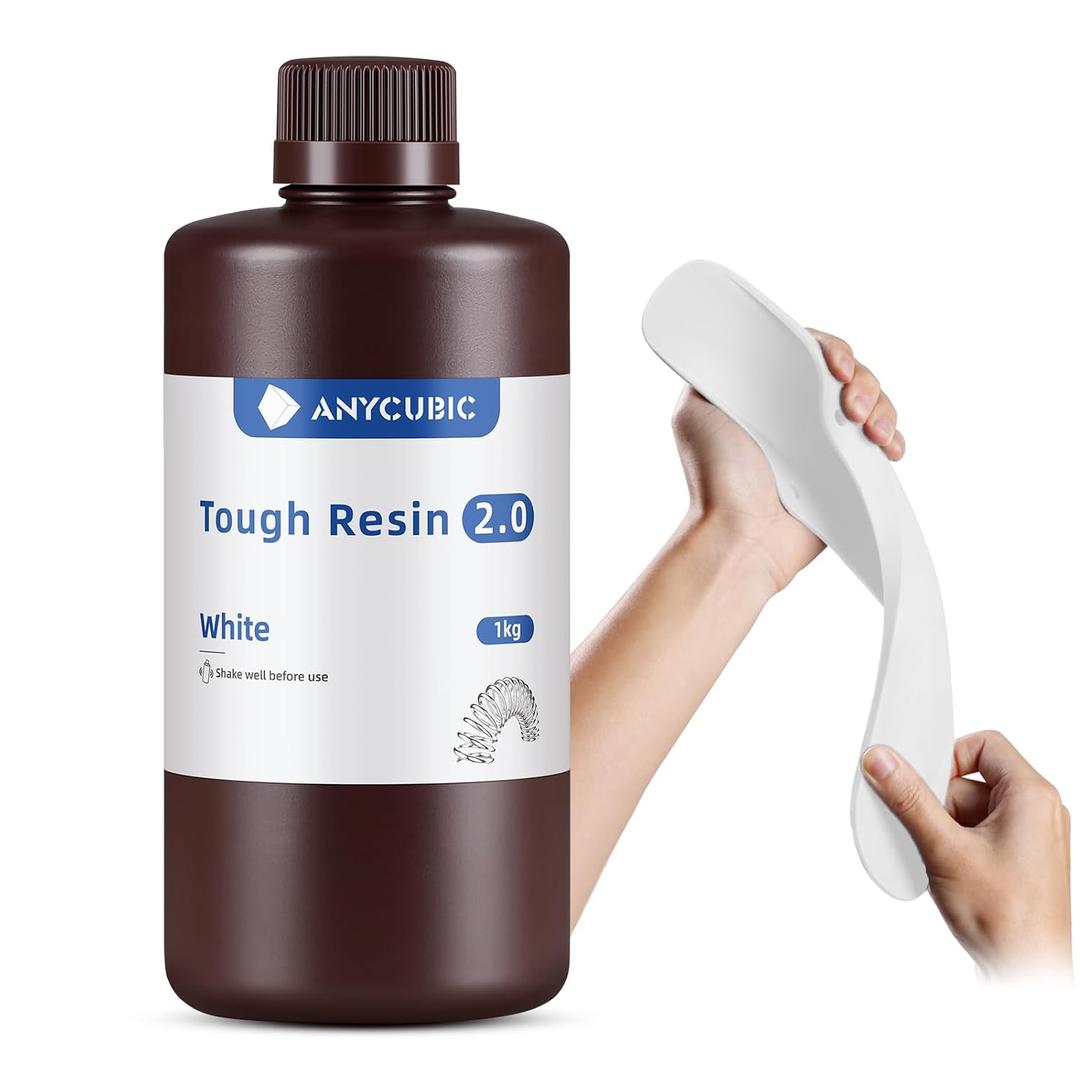 ANYCUBIC Tough Resin 2.0, 3D Printer Resin with Upgraded High Toughness and High Precision, 365-405nm Fast Curing 3D Resin for 4K 8K LCD/DLP/SLA 3D Printing (White, 1kg)