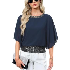 For G and PL Women's Dressy Sequin Formal Wedding Top Batwing Sleeve Chiffon Party Shirt (XXL)