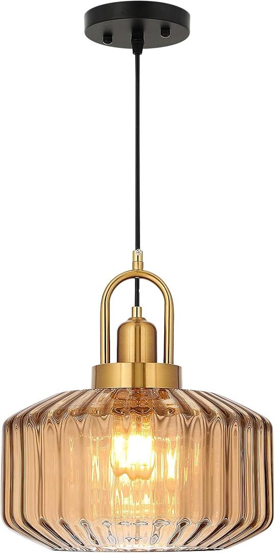 11.8in Mid Century Modern Amber Glass Pendant Light Fixture, Large Gold Kitchen Island Pendants Light Glass Ceiling Hanging Lamp for Foyer Dining Room Bedroom Entryway Hallway Over Sink