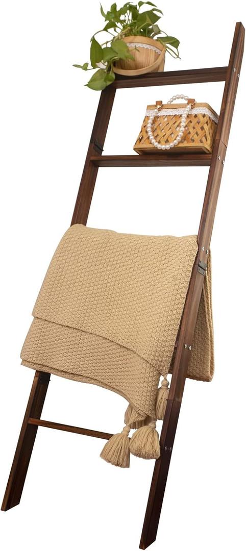 Blanket Ladder, 5-Tier Wooden Quilt Stand, Decorative Ladder Shelf, Leaning Shelf, Wall Leaning Blanket Ladder Towel Storage Rack for Living Room (Brown)