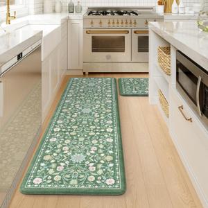 KIMODE Comfort Kitchen Floor Mats Cushioned Anti Fatigue,Farmhouse Spring Floral Kitchen Runner Rug Sets of 2 Non Slip,Long Memory Foam Standing Carpet for Laundry Sink Home,Green (17.3" x 59 "+ 17.3" x 29 "--0.47 inches)