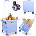 FELICON SELORSS Folding Utility Cart Portable Rolling Crate Handcart with Magnetic Sliding Lid Telescoping Handle Plastic Box Dolly 360Swivel Wheels for Travel Shop Move Office Teacher Use(Blue Pro)