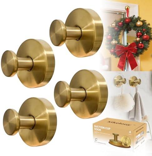 Xikelooy Suction Cup Hooks, Suction Cup Hooks for Shower,Removable Towel Hooks for Bathroom Window Glass Door Wall, Bath Robe Looafh Wreath Hook for Hanging (Gold)