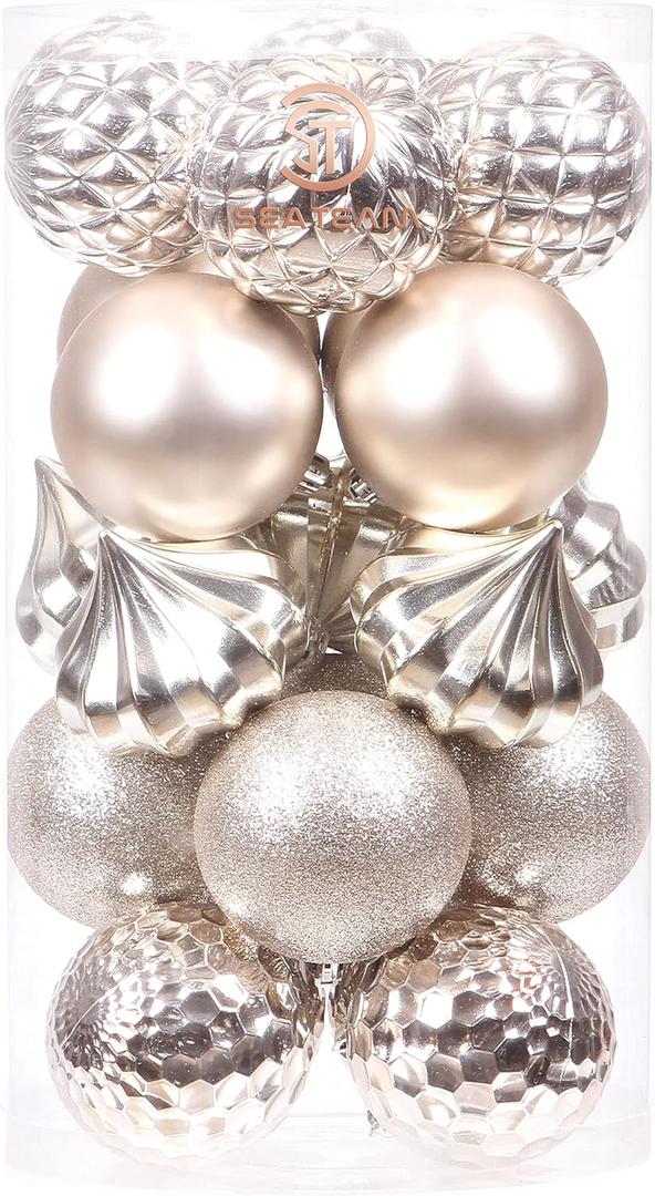 Sea Team 21-Pack Christmas Ball Ornaments with Strings, 80mm/3.15-Inch Large Size Baubles, Shatterproof Plastic Christmas Bulbs, Hanging Decorations for Xmas Tree, Holiday, Wedding, Party, Champagne