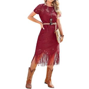 WDIRARA Women's Western Concert 2 Piece Layered Dress Set Short Sleeve Sheer Fringe Dress and Cami Dress Boho Bohemia, Size: L