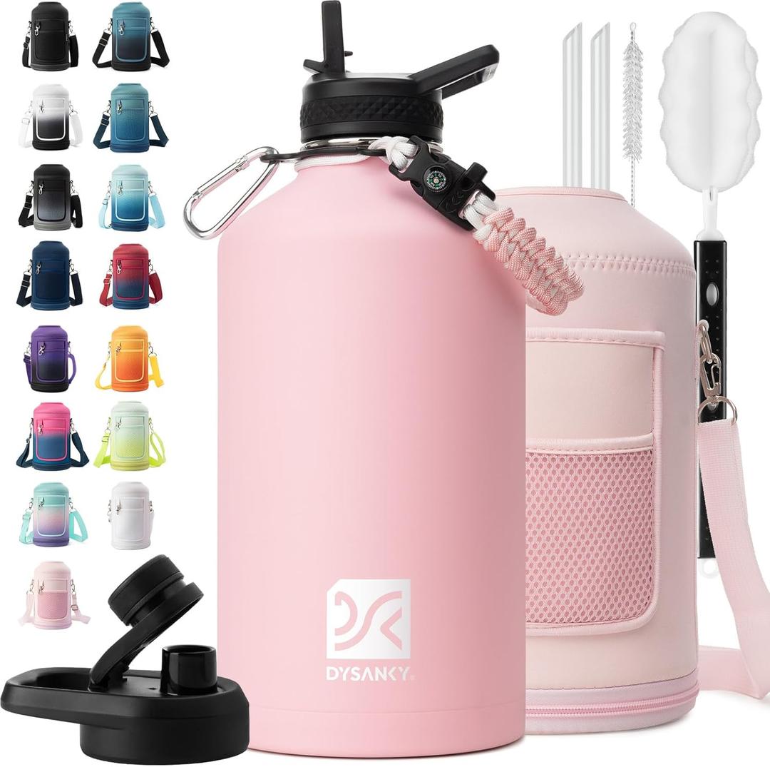 1 Gallon Water Bottle Insulated | Thickened Stainless Steel Vacuum Metal Water Jug | Portable Sports Large for Gym and Hiking with Straw, Carrier Bag, Handle Strap | BPA-Free 128 oz (Pink)