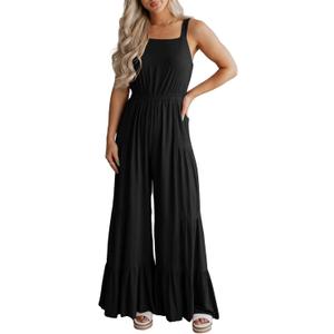 BLENCOT Jumpsuits for Women Summer Casual Loose Sleeveless Overalls Jumpsuit Ruffle Wide Leg Long Flare Pant Flowy Rompers (Black, L)