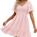 LILLUSORY Flowy Dress Women's Summer Dresses 2024 Mini Casual Dress Smocked V Neck Flutter Sleeve Dress Ruffle Dresses Light Pink, Small