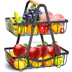2 Tier Fruit Basket for Kitchen, Detachable Fruit Bowl for Kitchen Counter, Metal Fruit and Vegetable Storage Stand, Fruits Holder Vegetable Basket with Wood Handle, Bread and Snack Organizer