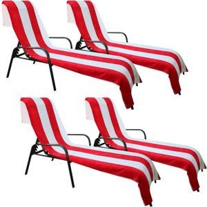 Superior Cabana Cotton Lounge Chair Cover, Outdoor Towel/Chaise Furniture Covers, Terry Cloth, Beach, Spa, Swim Accessories, Pool Chair Cover, Soft, Quick Drying, 32" x 102", Set of 4, Red