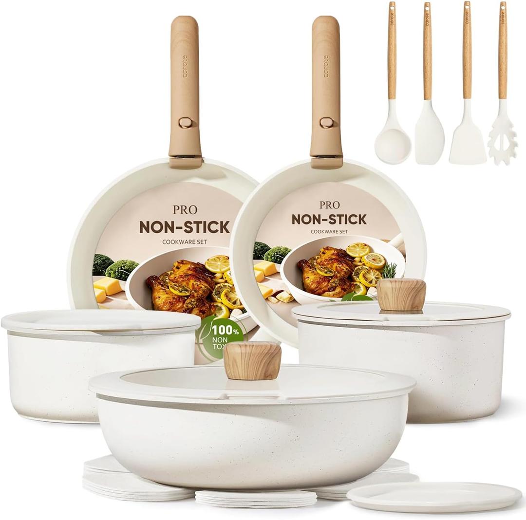 CAROTE 19pcs Pots and Pans Non Stick, Cookware Sets Detachable Handle, Induction Kitchen Pots and Pans,NonStick Cooking Set, Oven/Dishwasher/Fridge Safe, Space Saving, 19 Piece