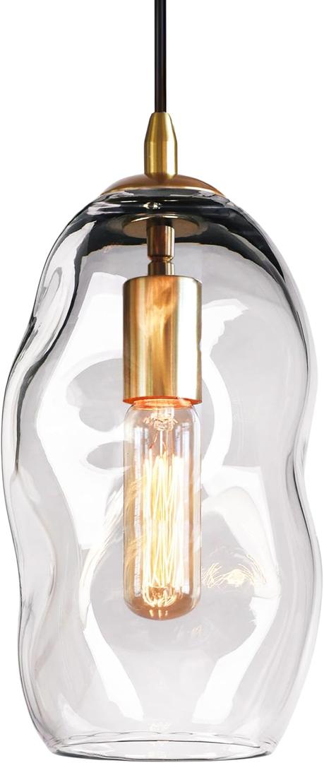 CASAMOTION Modern Pendant Lights Kitchen Island Large Gold Hanging Light Fixtures for Dining Table Blown Art Glass Clear Organic Globe Bedroom Foyer Entryway Hallway Lamp 12" Inch 1 Pack