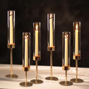 NUPTIO Hurricane Candle Holder for Candlestick: 6 Pcs Gold Taper Candlestick Holders - Tall Modern Candles Stick Decor with Cylinder Shape Cover for Dinner Table Centerpiece (Clear)