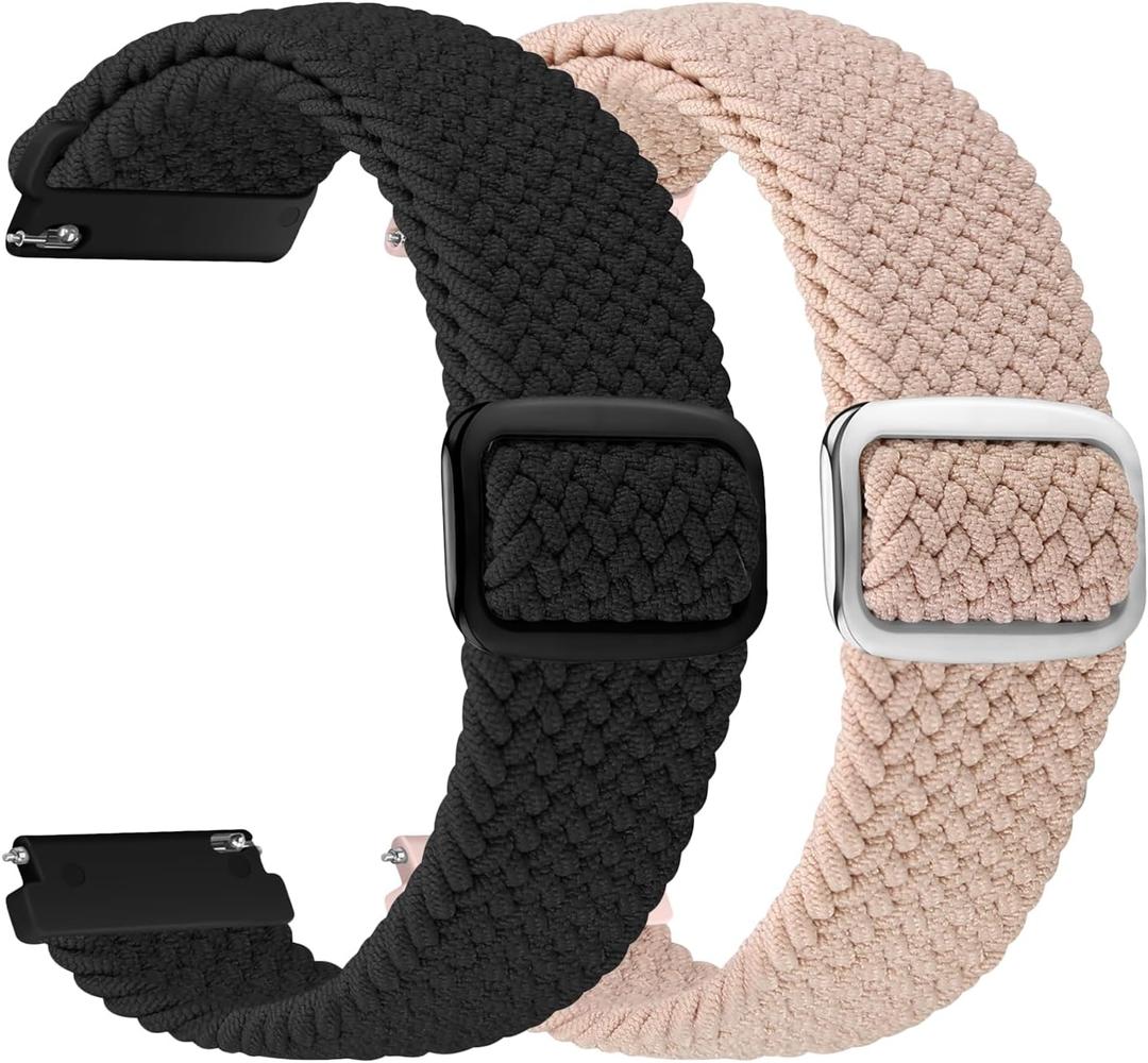 2 Pack Quick Release Braided Bands - 18mm 19mm 20mm 22mm 24mm Solo Loop Adjustable Soft Band for Women Men (Black+Dark Pink)