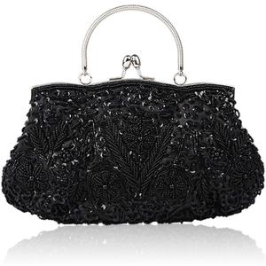 Floral Designer Evening Bag Beaded Sequin Design Vintage Kissing Lock Satin Clutch Purse Bag Wedding Party Clutch (Black)