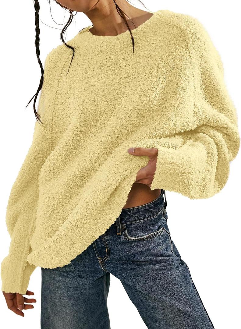 Beaully Women's Oversized Long Sleeve Crewneck Fuzzy Knit Warm Sweaters 2025 Fall Pullover Sweater Tops (Medium, Light Yellow)