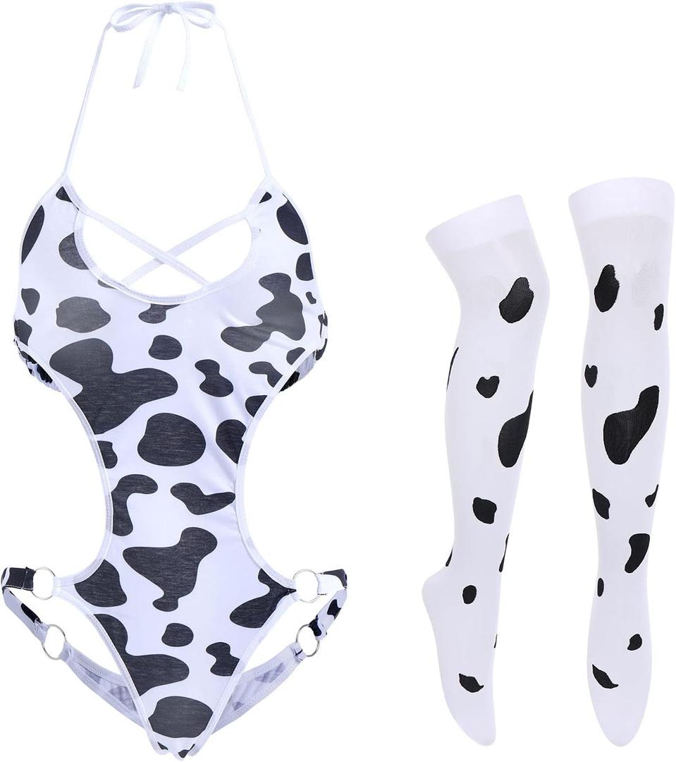 FYMNSI Women Sexy Milk Cow Lingerie Set Anime Maid Cosplay Costume Mini Bikini Bra Bodysuit with Bell Choker Stockings Outfit (One Size)