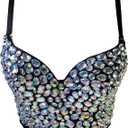 Women's Bustier Crop Top Mesh Corset Top Push up Rhinestone Diamond Bra Club Party Vest (#7 Black) Small