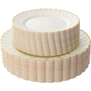 Lullaby 60PCS Ivory Scalloped Plastic Plates with Gold Rim, Disposable Elegant Plates Include 30pcs Dinner Plate 10.25", 30pcs Plastic Dessert Plate 7.5", Perfect for Wedding and Party