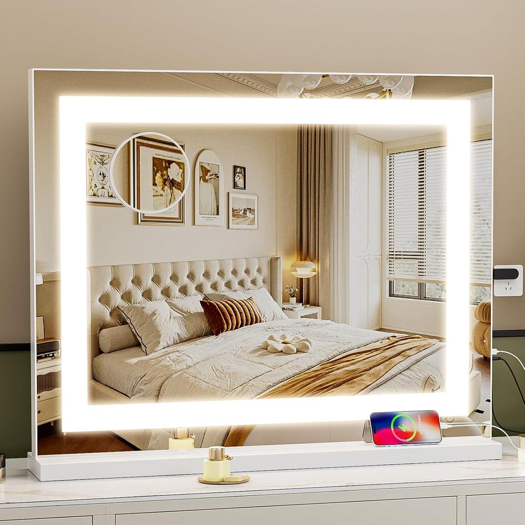 Fenair Vanity Mirror with Lights: 23" x 18" LED Makeup Mirror with 3 Color Modes and Adjustable Brightness Hollywood Mirror with 10X Magnification Large Light Up Mirror with USB Charging Port White