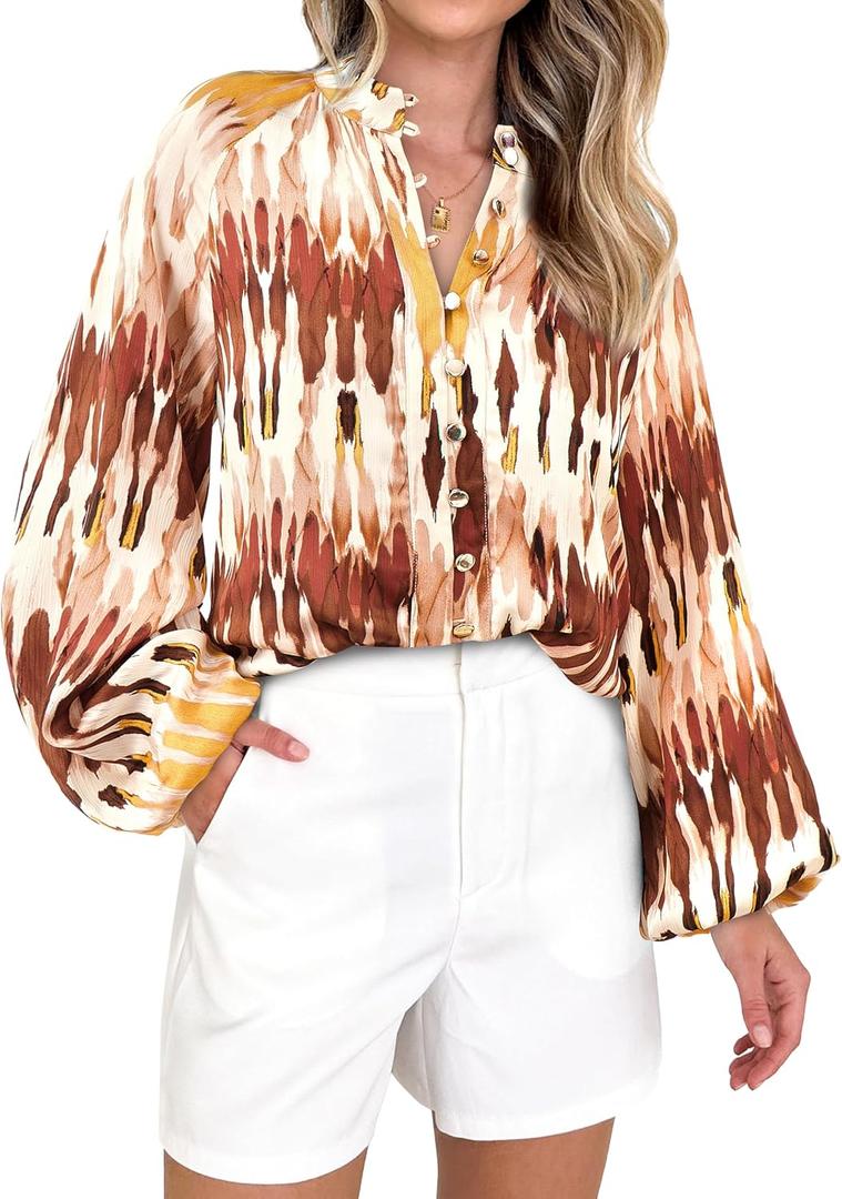 MASCOMODA Womens Boho Floral Print Fall Tops Dressy Casual V Neck Button Down Lantern Long Sleeve Shirts Chiffon Work Blouse (Medium)