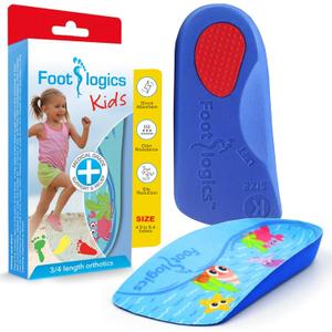 Footlogics Fun Kids Orthotic Shoe Insoles with Arch Support for Childrens Heel Pain (Severs Disease), Growing Pains, Flat Feet - Childrens, Pair 3/4 Length (Kids 1-3, Blue)