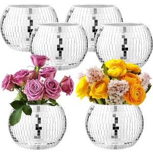 6 Pcs Silver Mirror Disco Vase - 3" X 4" Disco Ball Vase for Centerpieces, Glass Planter Candle Holder for Wedding, Birthday, Party, Office, Bedroom