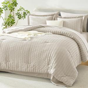 HIMEET Queen Comforter Set - 7 Pieces Seersucker Bed in a Bag Queen Size, Luxury Boho Comforter Set with Sheets for All Season, Bed Set with Comforter, Sheets, Pillowcases & Shams, Beige