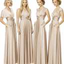 Infinity Bridesmaid Dress with Pockets – Convertible Maxi Wrap Gown, Multiway Formal Dress for Wedding & Plus Size (Beige)